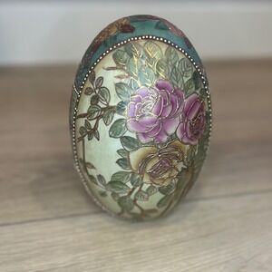 Satsuma-Style Ceramic Egg Pink Rose Moriage Gold- 8"